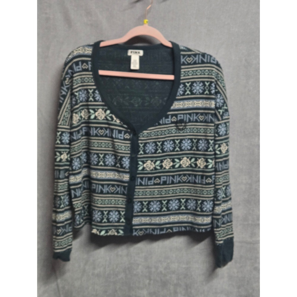 Victorias Secret PINK Fair Isle Cardigan Teal Green Snowflake Logo Sweater Small